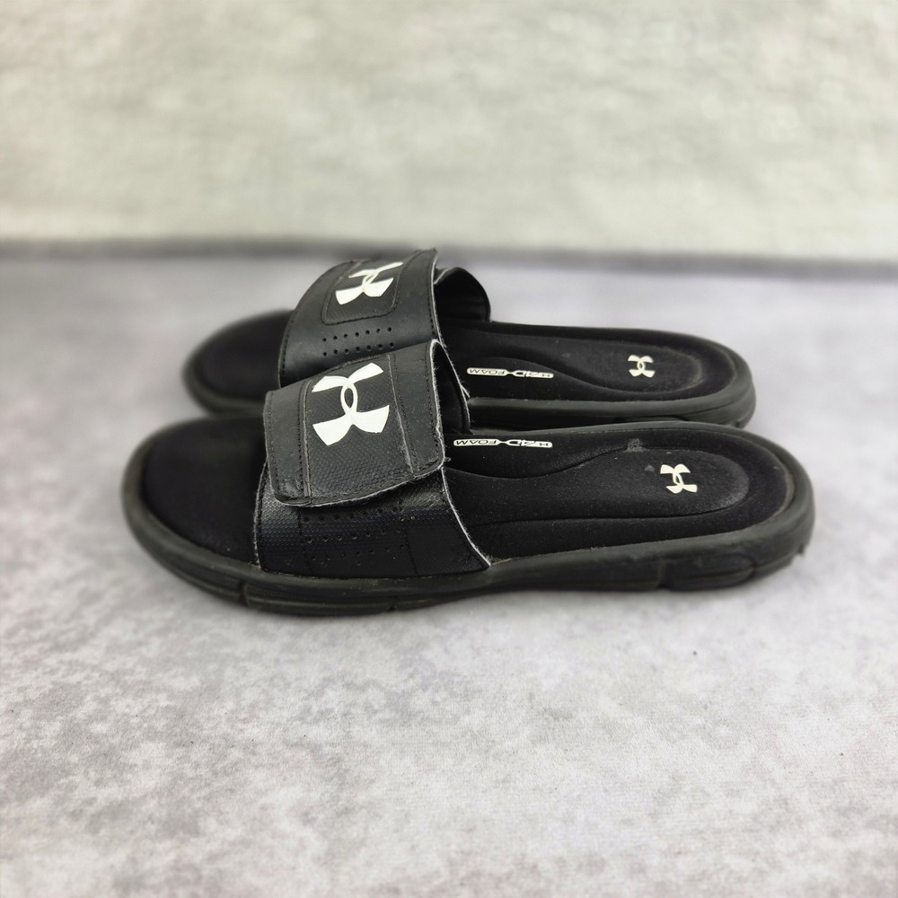 Under Armour Ignite V Slides Mens 8 Black White Adjustable Sandals 1287318-001